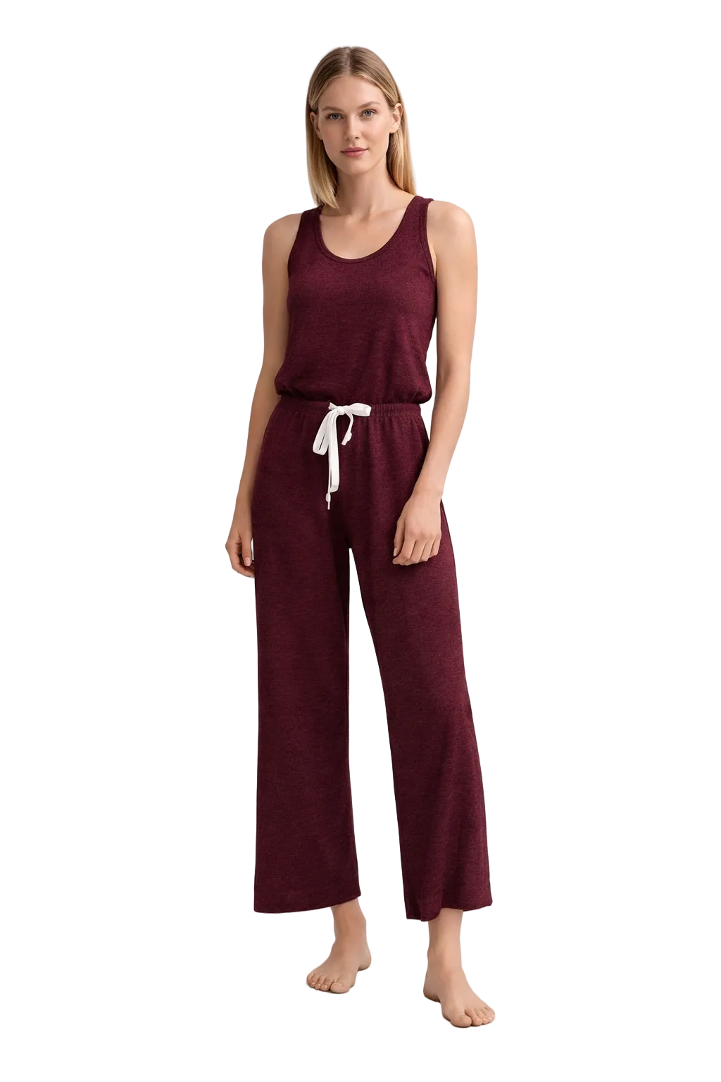 Bordeaux jumpsuit med snøre i taljen og brede ben